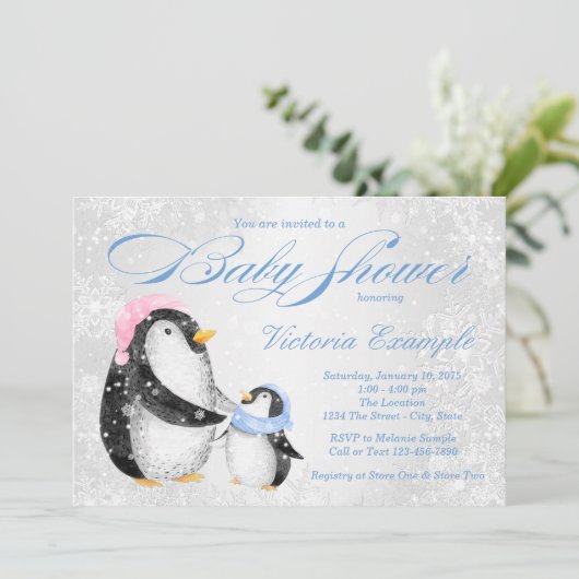 Boys Winter Pengiun Baby shower Invitation Kaart (Staand voorkant)