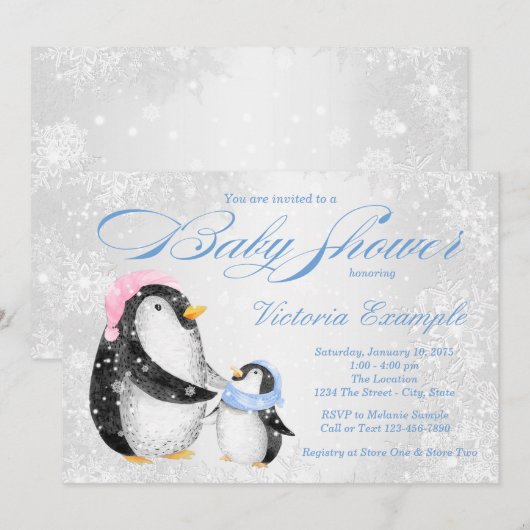 Boys Winter Pengiun Baby shower Invitation Kaart (Voorkant / Achterkant)