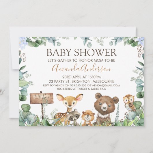 Boys Woodland Animals Baby shower Invitation Kaart (Voorkant)