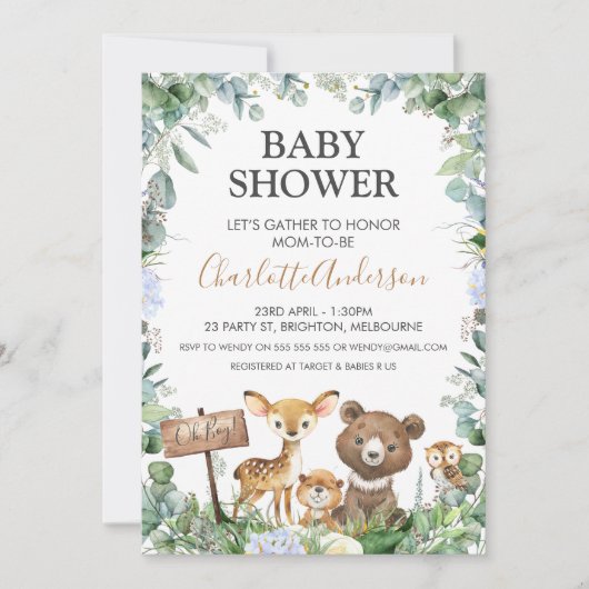 Boys Woodland Animals en Greenery Baby shower Kaart (Voorkant)