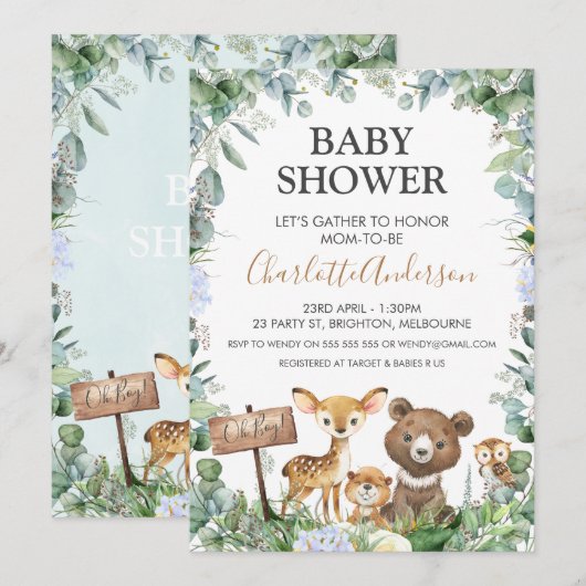 Boys Woodland Animals en Greenery Baby shower Kaart (Voorkant / Achterkant)