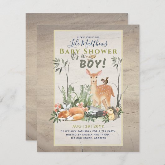 Boys Woodland Animals Forest Baby shower Invita (Voorkant / Achterkant)