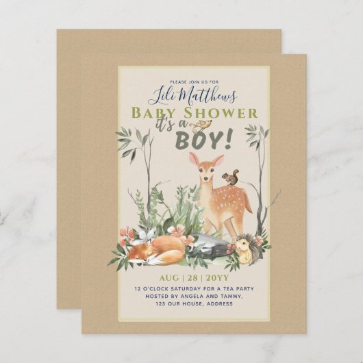 Boys Woodland Animals Forest Baby shower Invita (Voorkant / Achterkant)