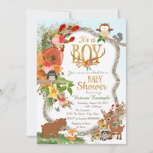 Boys Woodland Antler Baby shower Kaart (Voorkant)