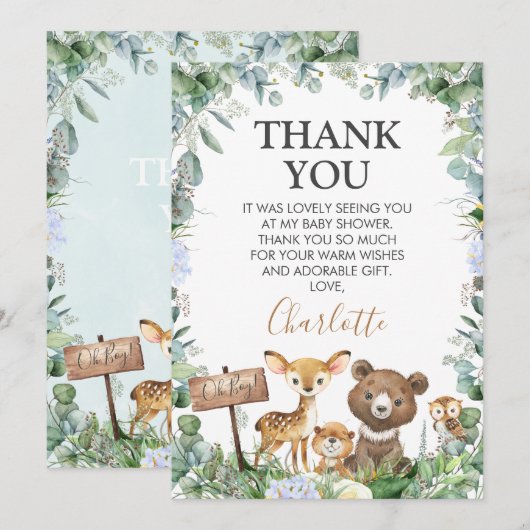Boys Woodland Greenery Baby shower Hartelijk dank Kaart (Voorkant / Achterkant)