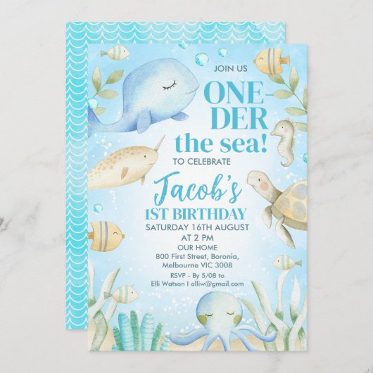 Boy's Zee Creatures One-der Het Zee 1e Verjaardag Kaart (Voorkant / Achterkant)