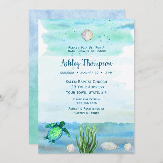 Boys Zee Turtle Baby shower Invitation Kaart (Voorkant / Achterkant)