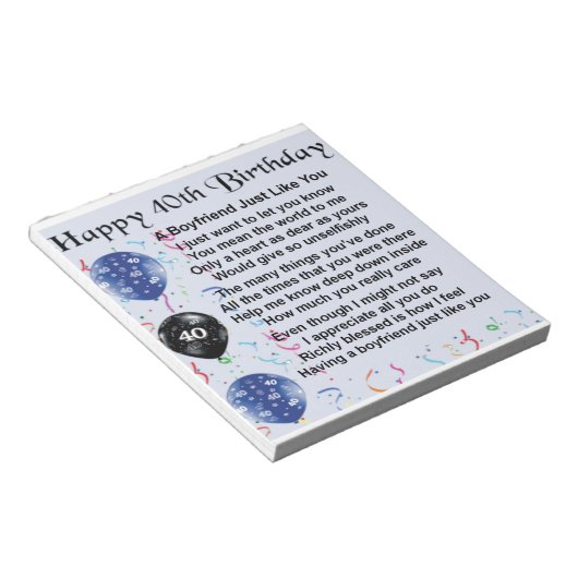 Boyvriend gedicht - 40e verjaardag notitieblok (Schuin)