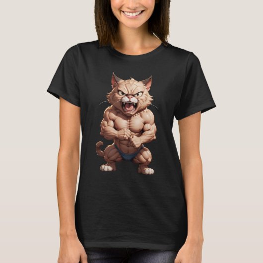 Boze gespierde kat schattige grappige boze kat t-shirt (Voorkant)