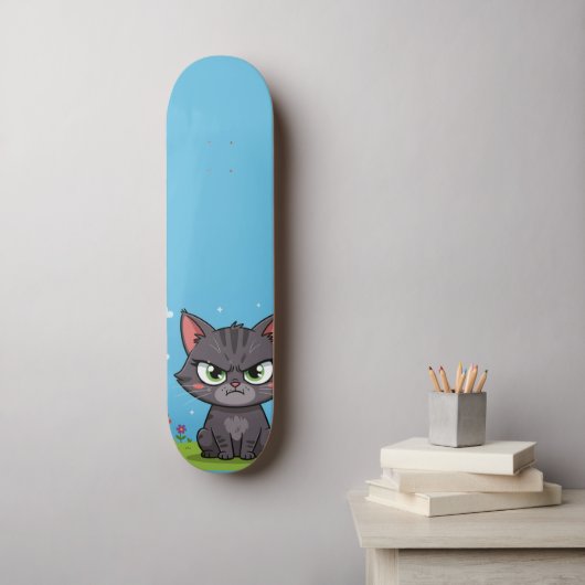 Boze grijze kleine kat persoonlijk skateboard (Muurkunst)