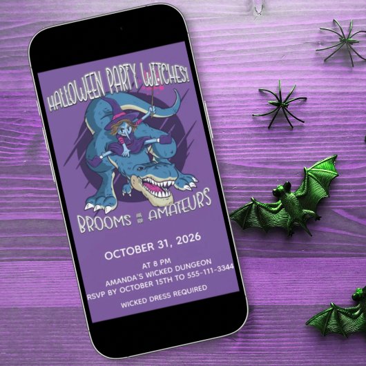Boze Heks Op T-Rex Illustratie Halloween Feest Kaart