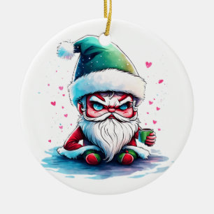 Boze kerstman met een kopje koffie keramisch ornament