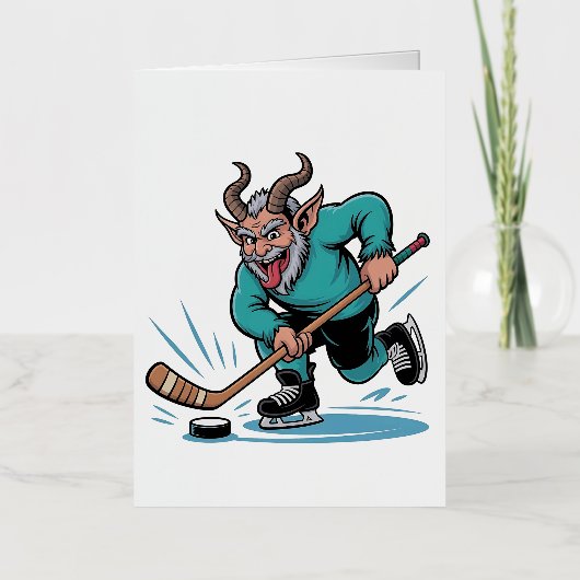 Boze Krampus speelt ijshockey kerstsport Folie Feestdagenkaart (Voorkant)