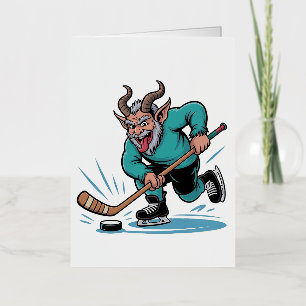 Boze Krampus speelt ijshockey kerstsport Folie Feestdagenkaart