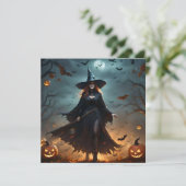 "Boze Nacht: Enge Halloween Heks en Haar Vleermuiz Kaart (Staand voorkant)