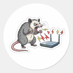 Boze Opossum WiFi Woede Cartoon - Grappige Tech Ronde Sticker