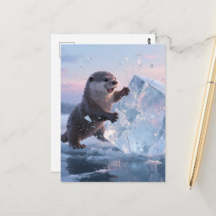 Boze schattige otter die een ijsblok breekt briefkaart