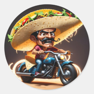 Boze taco biker stripfiguur ronde sticker