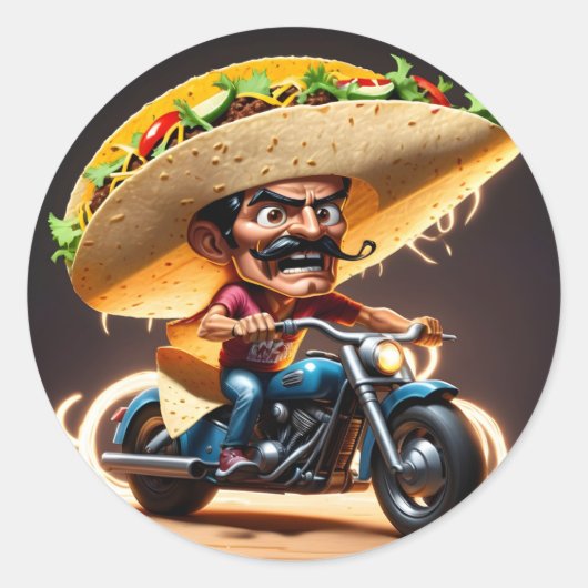 Boze taco biker stripfiguur ronde sticker (Voorkant)
