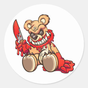 Boze teddybeer bedekt met bloed en houdt een kni v ronde sticker
