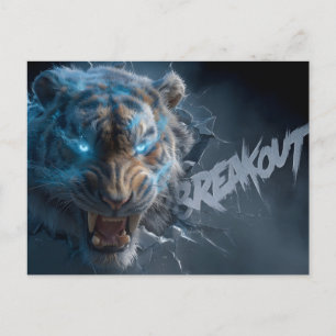 Boze Tijger met Gloeiende Blauwe Ogen Breekt Uit Briefkaart