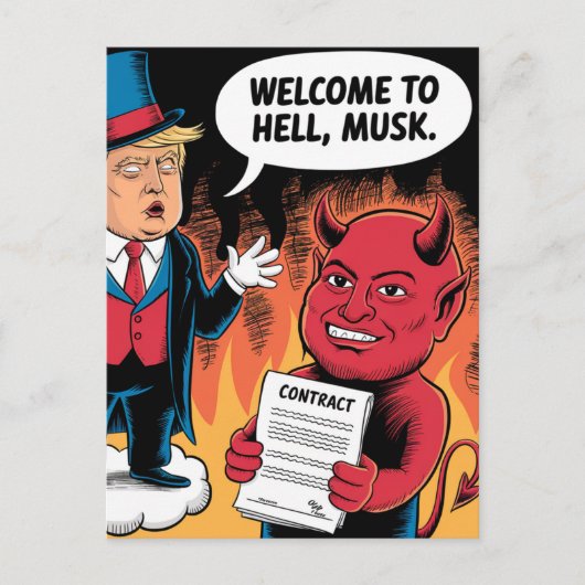 Boze Trump-Cartoon Welkom bij Hell Musk Briefkaart (Voorkant)