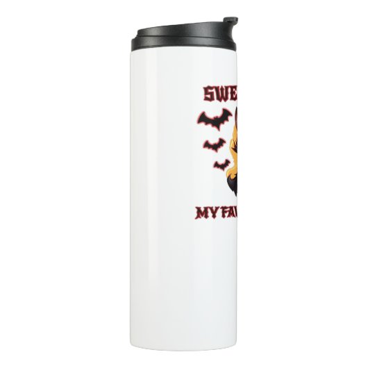 Boze vampierkat hunkert naar zoete Halloween-bloed Thermosbeker (Gedraaid links)