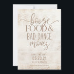Boze voedsel en slechte dans bruiloft save the date<br><div class="desc">Dit sparen de datum kenmerkt een rustige achtergrond en "drank,  eten,  en slechte dansbewegingen" om een leuke manier te creëer om je gasten je trouwdatum te vertellen.</div>