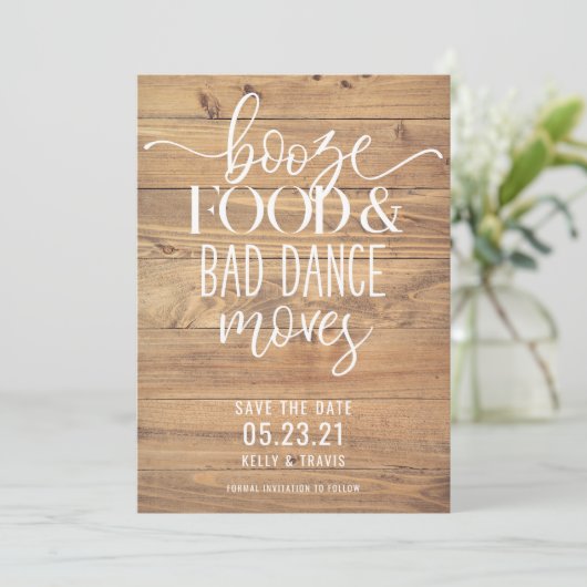 Boze voedsel en slechte dans bruiloft save the date (Staand voorkant)