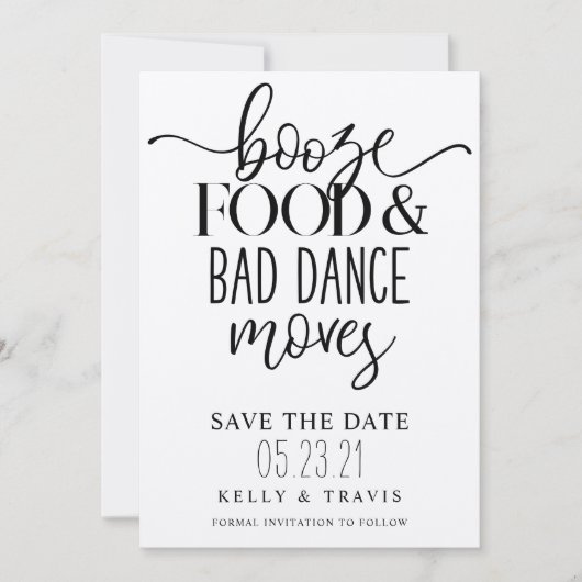 Boze voedsel en slechte dans bruiloft save the date (Voorkant)