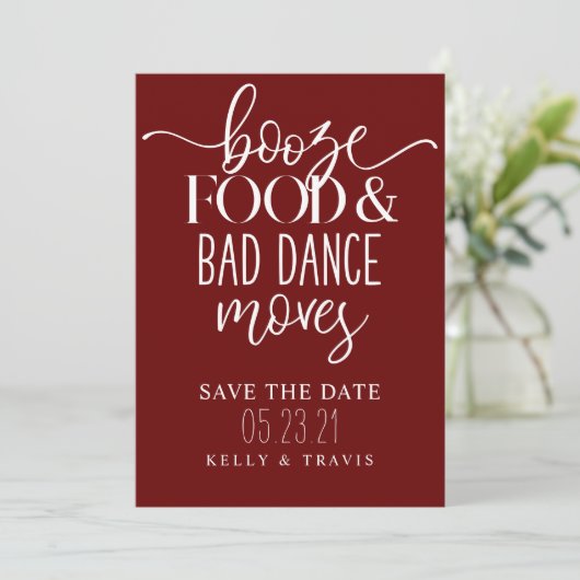 Boze voedsel en slechte dans bruiloft save the date (Staand voorkant)
