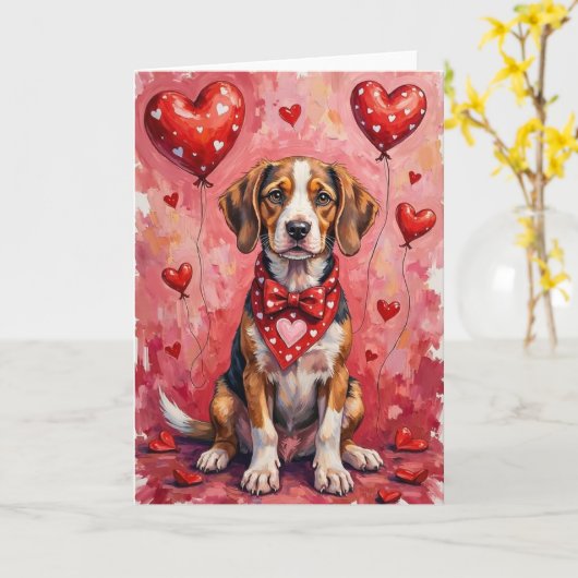 Bracco Italiano Valentine Dog Sitting with Hearts  Kaart (Gele Bloem)