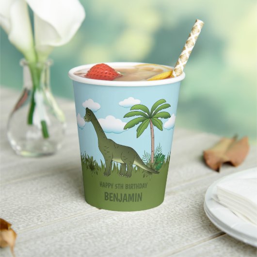 Brachiosaurus Dinosaur Blue Sky Tropical Birthday Papieren Bekers (Insitu)