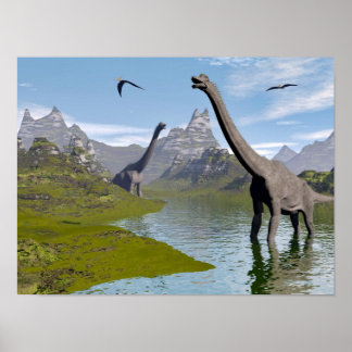 Brachiosaurus dinosaurus in water - 3D rendering Poster
