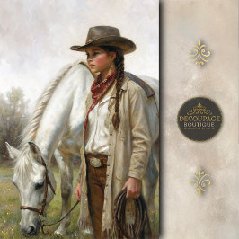 Braided Cowgirl With White Horse Decoupage Tissuepapier