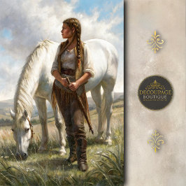 Braided Girl With White Horse Meadow Decoupage Tissuepapier