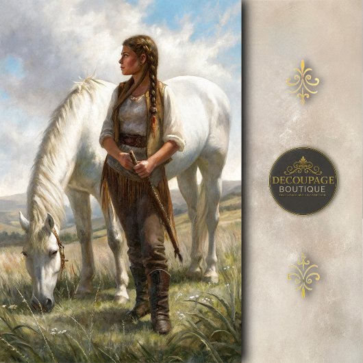 Braided Girl With White Horse Meadow Decoupage Tissuepapier