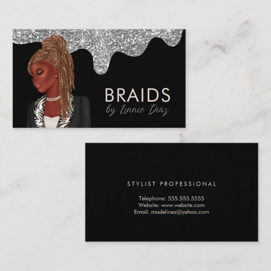 Braiding Salon Beauty Silver Faux Glitter Visitekaartje (Voorkant / Achterkant)