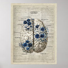Brain Anatomy Blauwe Bloemen Woordenboek Art Poster