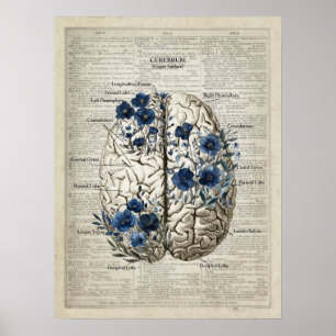 Brain Anatomy Blauwe Bloemen Woordenboek Art Poster