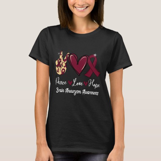 Brain Aneurysm Awareness Peace Love Hope Burgundy T-shirt (Voorkant)