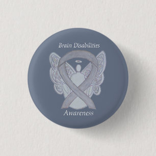 Brain Disabilities Silver Awareness Ribbon Angel Ronde Button 3,2 Cm