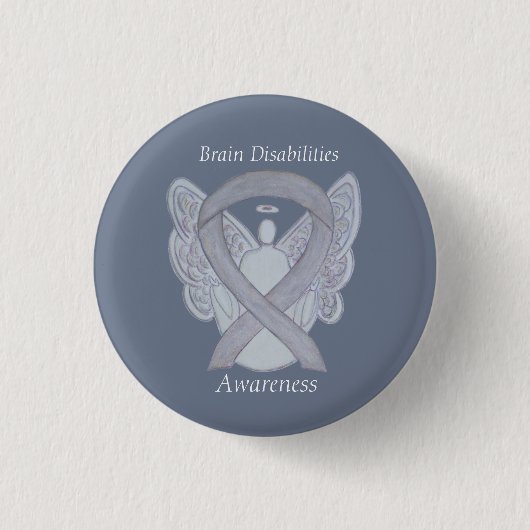 Brain Disabilities Silver Awareness Ribbon Angel Ronde Button 3,2 Cm (Voorkant)