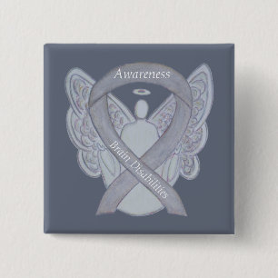 Brain Disabilities Silver Awareness Ribbon Angel Vierkante Button 5,1 Cm