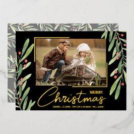 Branch and Berries on Black Christmas Photo Gold Folie Feestdagenkaart