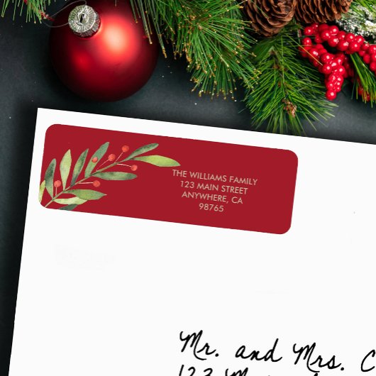 Branch and Berries Red Christmas Return Address Etiket