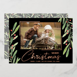 Branch Berries on Black Christmas Photo Rose Gold Folie Feestdagenkaart