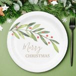 Branch Berries op witte kerst Papieren Bordje<br><div class="desc">Papieren borden in twee formaten zijn voorzien van elegante groen en bessen met uw boodschap in een willekeurige kleur (wij shows goud) en op elke kleurachtergrond (wij shows wit). Punten in onze winkel koppelen.</div>