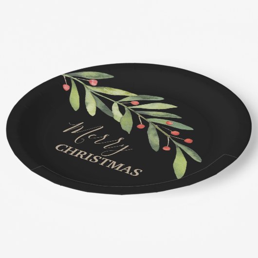 Branch Berries op zwarte kerst Papieren Bordje (Gekanteld)