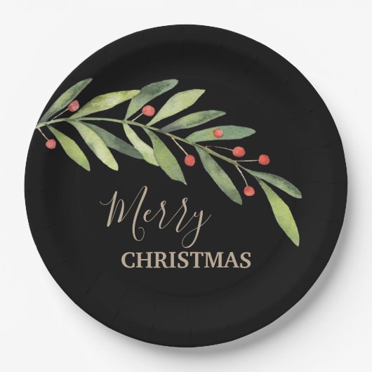 Branch Berries op zwarte kerst Papieren Bordje (Voorkant)
